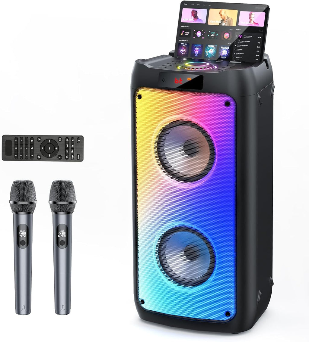 JYX Machine de Karaoké avec 2 Microphones, Karaoke Adulte Bluetooth Portable éclairage RGB, équipement de Karaoké pour Les Fêtes d'amis, Les événements Familiaux, Supporte TF/USB, AUX, FM, REC, TWS