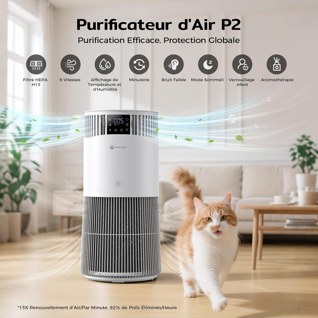 Amicura P2 Purificateur d'air Hepa pour Animaux et Personnes Allergiques, 843 m3/h CADR Contre les Poils d'animaux, Filtre Hospitalier H13 Hepa, 450 m3/h de Particules, Contr?le par App