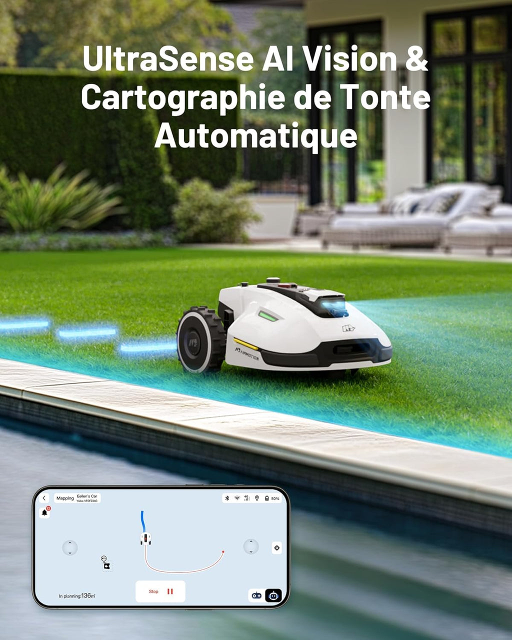 MAMMOTION YUKA 2000 Robot Tondeuse sans Fil Périphérique, NetRTK+Vision, Aucune Antenne RTK Requise, Recommandé 2000 m2, Max. 2400 m2, Pelouse Semblable à Un Tapis, Disque de Coupe Double, Module 4G