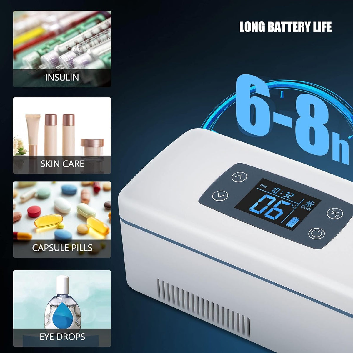 CGOLDENWALL Portable Réfrigérateur à Insuline Glacière 2~8℃ Drug Reefer Mini Médecine Réfrigéré Bo?te de Voyage avec Grande Espace Froid 175 * 60 * 26 mm - batterie en travail de 12 hours