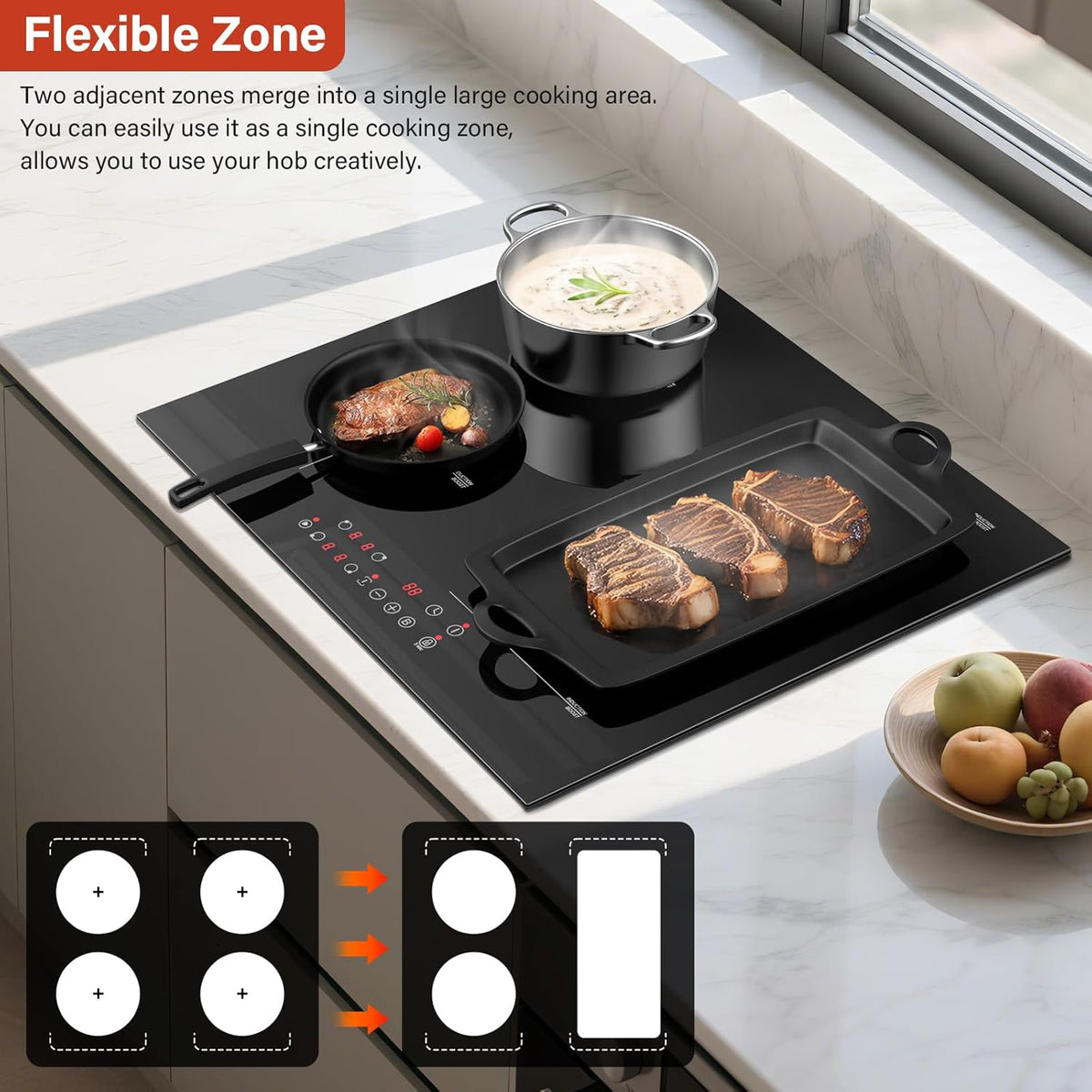 KICHPOWER Plaque Induction 4 Feux, 1 Zone Flexible, Plaque Induction 60cm Encastrable, Plaque de Cuisson électrique, Boost Fonction, Commande Tactile, 6000W, 9 Niveaux de puissance, Minuterie 1-99 Min