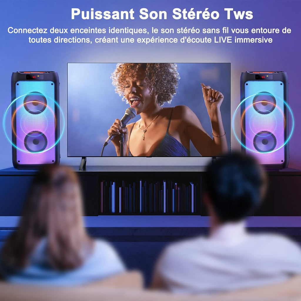 JYX Machine de Karaoké avec 2 Microphones, Karaoke Adulte Bluetooth Portable éclairage RGB, équipement de Karaoké pour Les Fêtes d'amis, Les événements Familiaux, Supporte TF/USB, AUX, FM, REC, TWS