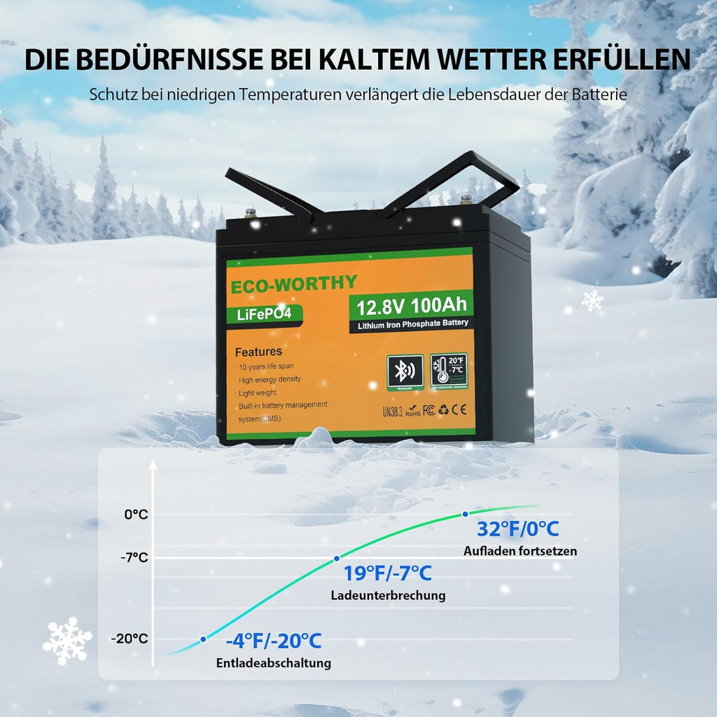 ECO-WORTHY Bluetooth Batterie Lithium 12V 100AH, Batterie LiFePO4 avec Protection à Basse Température, BMS Intelligent, 1280Wh énergie, pour caravanes, camping-car, système solaire,pêche à la ligne