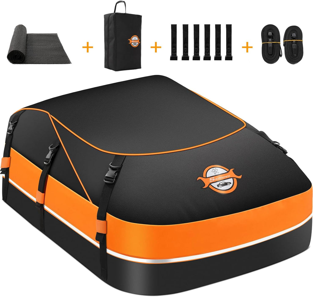 Sailnovo Sac de toit pliable 595 l, matériau étanche 1000D, tapis antidérapant, 8 sangles renforcées, 6 crochets de porte, pour le transport des bagages sur tous les véhicules avec/sans barres de toit