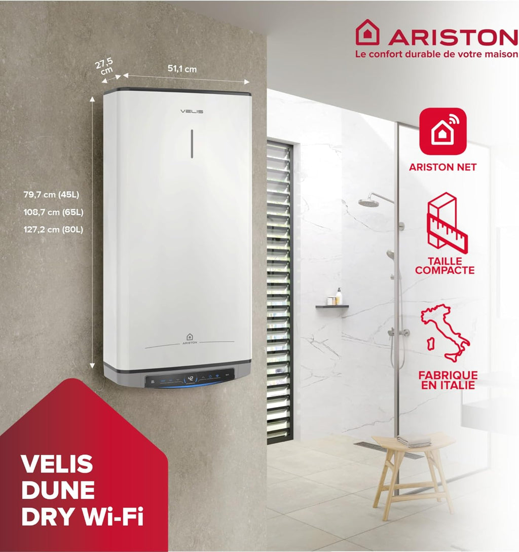 Ariston Velis Evo Dune Dry WiFi 45L – Chauffe-Eau Plat Intelligent – Gain de place Ultra-Plat 27cm – Multiposition – 25% d'économie d'énergie – Flexibilité énergétique – Installation en France