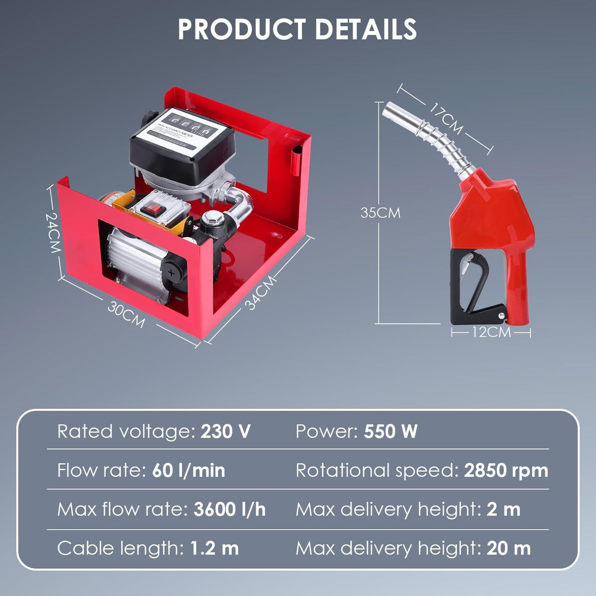 Pompe à diesel 230 V 550 W auto-amor?ante - Stations essence mobiles 60/min - Avec tuyaux et pistolet de distribution - Pour voitures  camions citernes  etc.