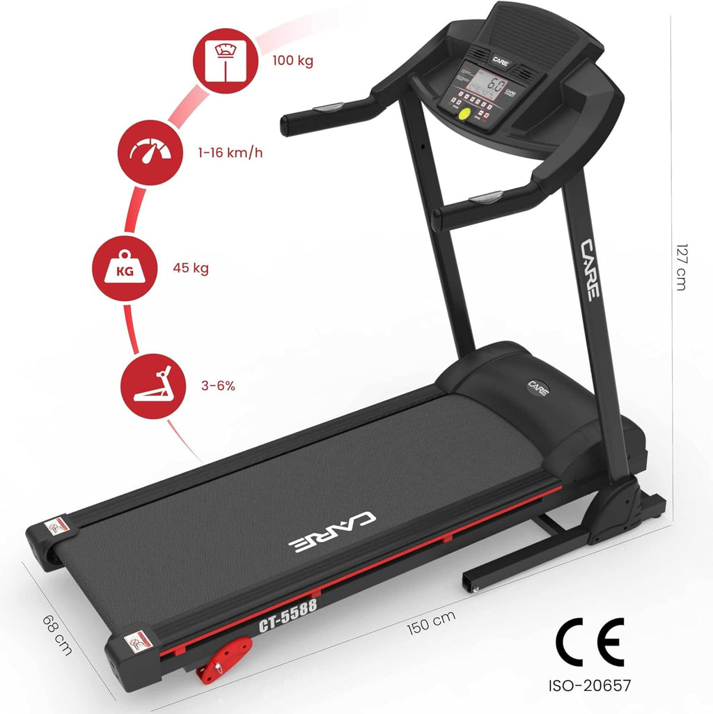 Care Fitness - Tapis de Course Connecté CT-5588-2 - Tapis de Marche électrique Inclinable et Pliable - Jusqu'à 16km/h - 3 Niveaux d'Inclinaison - 12 Programmes - Kinomap