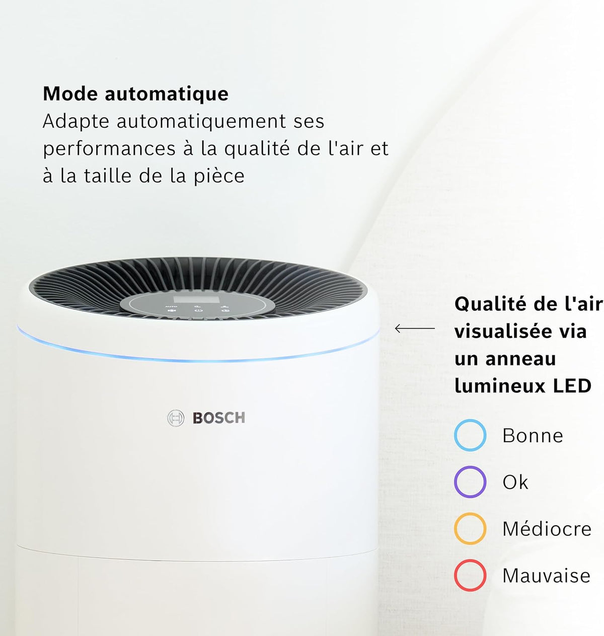 Bosch Air 6000 - Purificateur d'air - Pour les pièces jusqu'à 125 m2 - Filtre efficacement plus de 99% des polluants - Un capteur intelligent, modes auto et silence (< 25 dB(A)) - CADR : 600 m3/h