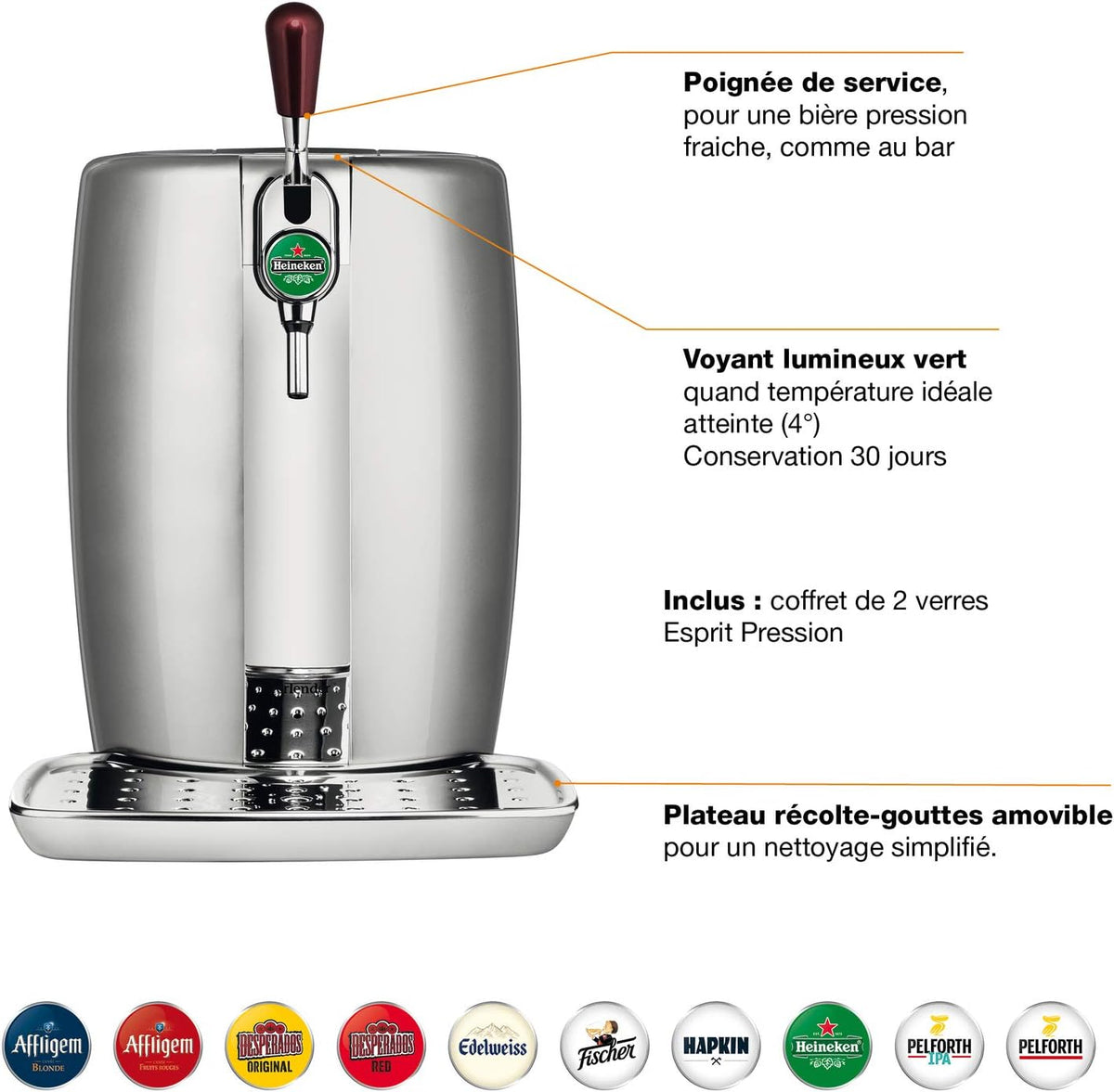 Krups BeerTender Silver et chrome  Machine à bière  Pression pour la maison  Tireuse à bière  Pompe à bière  Coffret 2 verres YY2931FD