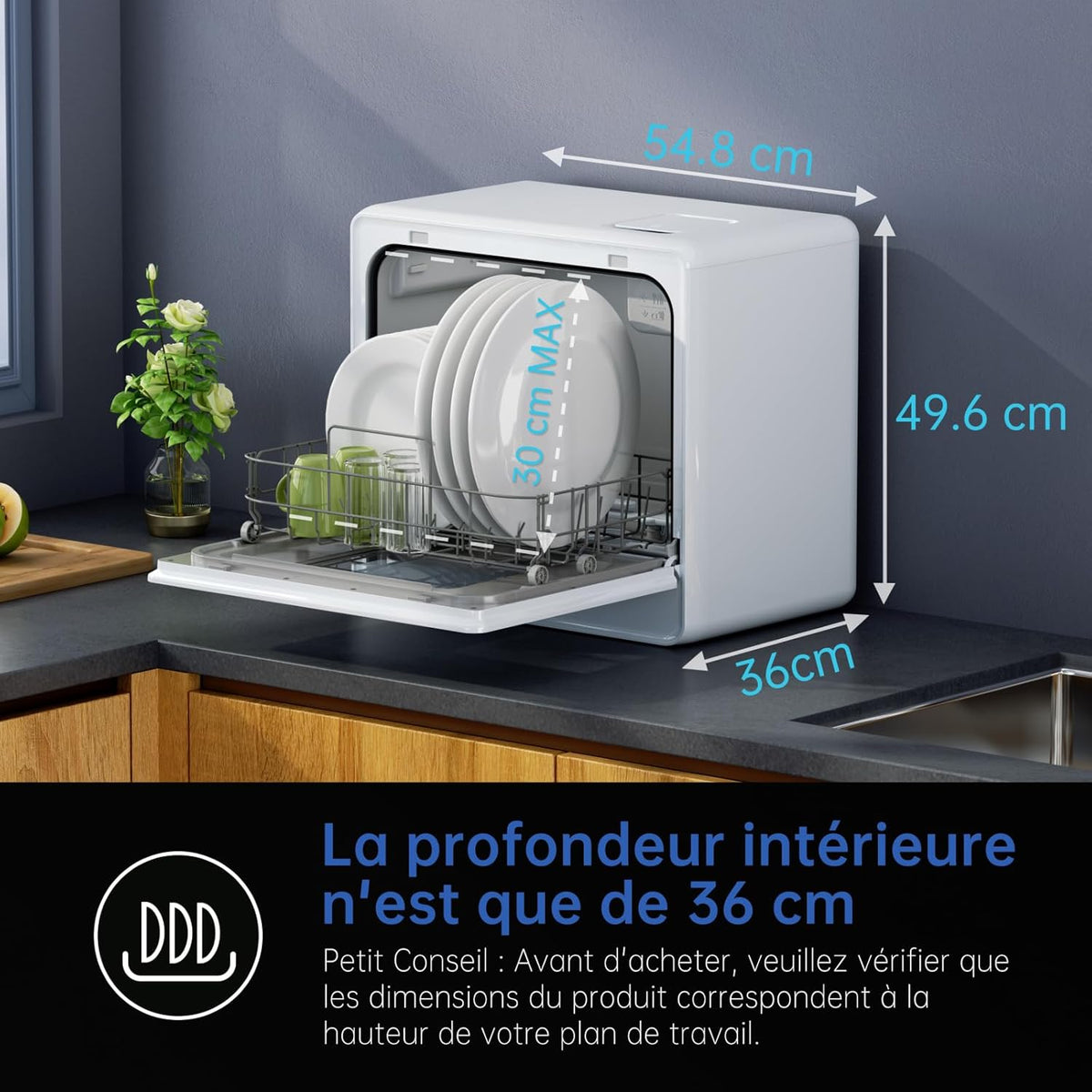 AIRMSEN Lave-vaisselle de Table Mini Lave-vaisselle avec 7+2 Programmes, Fonction Sel Adoucissant Commande Tactile Affichage à LED Réservoir d'Eau 5L, Lave-vaisselle Compact pour Appartements Dortoirs