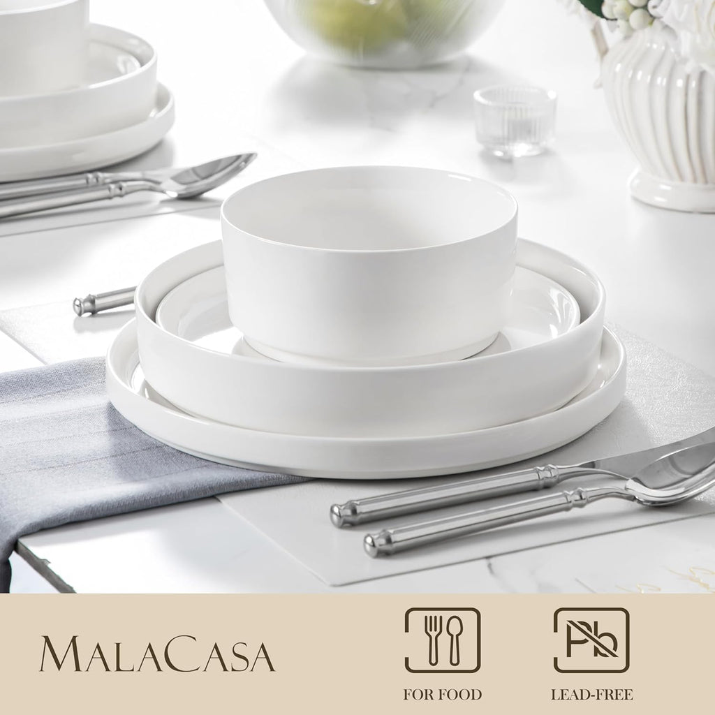 MALACASA, Série LEAH, Service de Table 24 Pièces en Porcelaine pour 6 Personnes | avec 6 Assiettes Plates, 6 Assiettes à Dessert, 6 Bols à Céréales et 6 Bols à Pate | Passe au Lave-vaisselle | Blanc