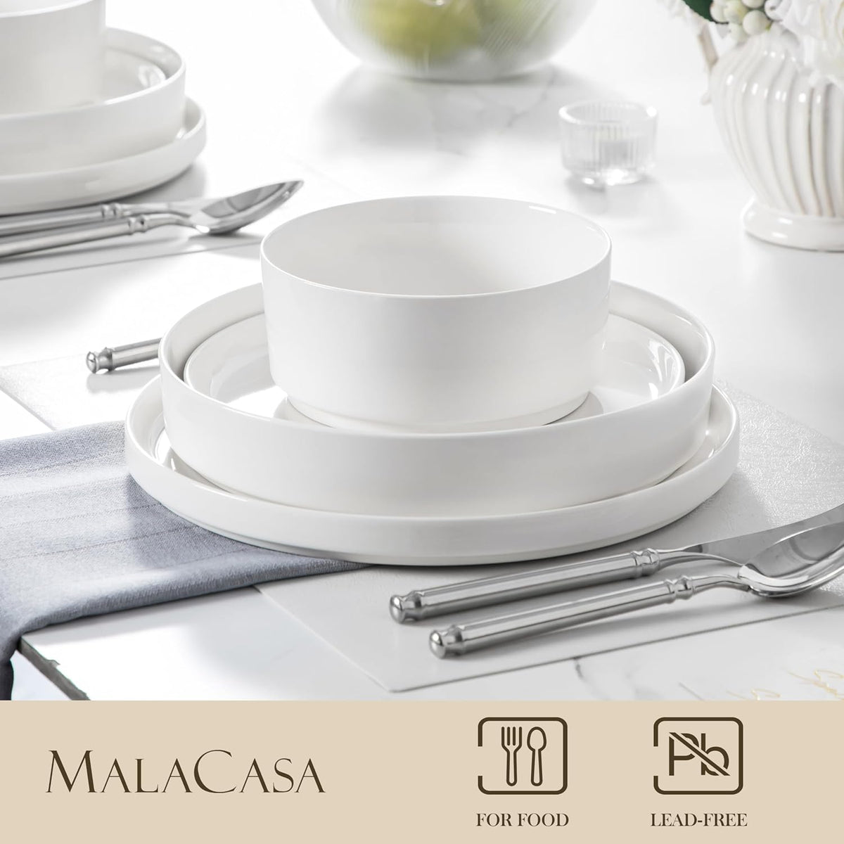 MALACASA, Série LEAH, Service de Table 24 Pièces en Porcelaine pour 6 Personnes | avec 6 Assiettes Plates, 6 Assiettes à Dessert, 6 Bols à Céréales et 6 Bols à Pate | Passe au Lave-vaisselle | Blanc