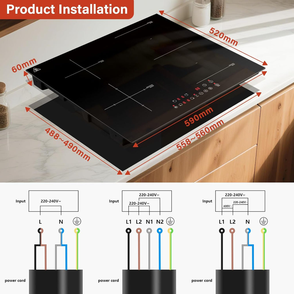 KICHPOWER Plaque Induction 4 Feux, 1 Zone Flexible, Plaque Induction 60cm Encastrable, Plaque de Cuisson électrique, Boost Fonction, Commande Tactile, 6000W, 9 Niveaux de puissance, Minuterie 1-99 Min