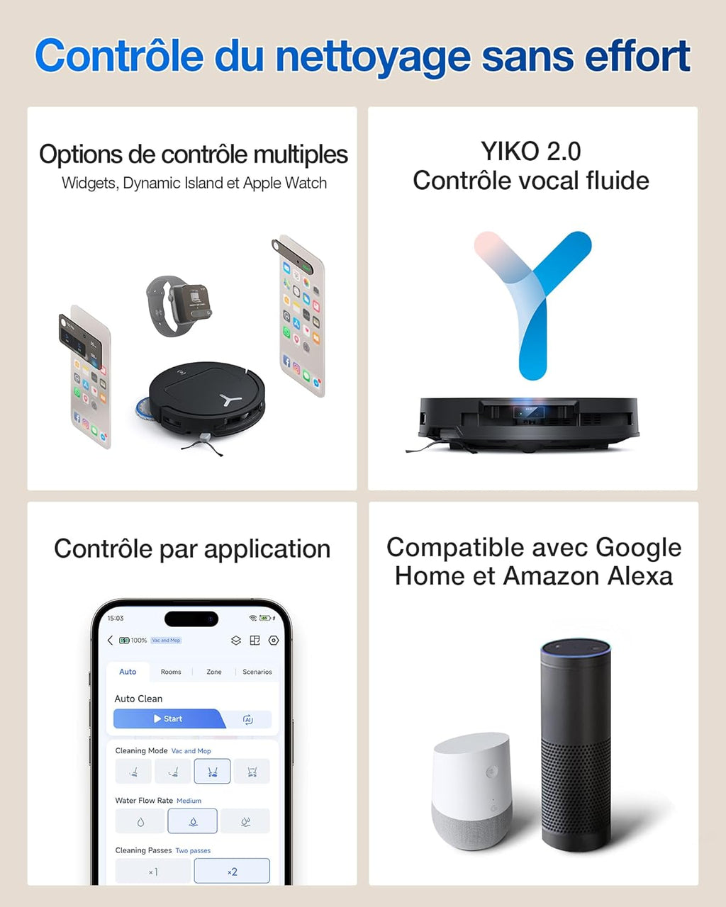 ECOVACS T50 Omni Aspirateur Robot avec Station, Puissance 15000Pa amélioré par T30 Pro Omni, Brosse latérale et serpillière Extensibles, ZeroTangle 2.0, AIVI 3D 2.0, Lavage à l'eau Chaude 75℃, Blanc