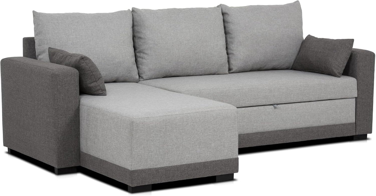 BUDWING Leah, Canapé-lit d’Angle Gris Bicolore - 4 Places - Chaise Longue Réversible, 2 Coussins Décoratifs - Tissu en Polyester - Style Moderne - 233 cm (Largeur) x 124 cm (Profondeur) x 69 cm