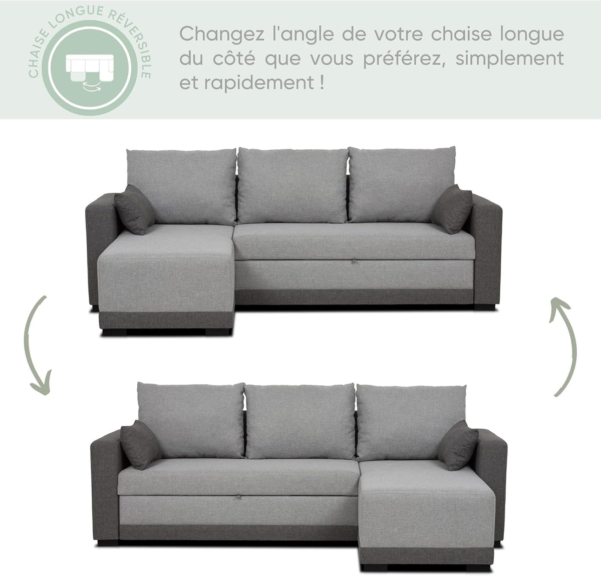 BUDWING Leah, Canapé-lit d’Angle Gris Bicolore - 4 Places - Chaise Longue Réversible, 2 Coussins Décoratifs - Tissu en Polyester - Style Moderne - 233 cm (Largeur) x 124 cm (Profondeur) x 69 cm