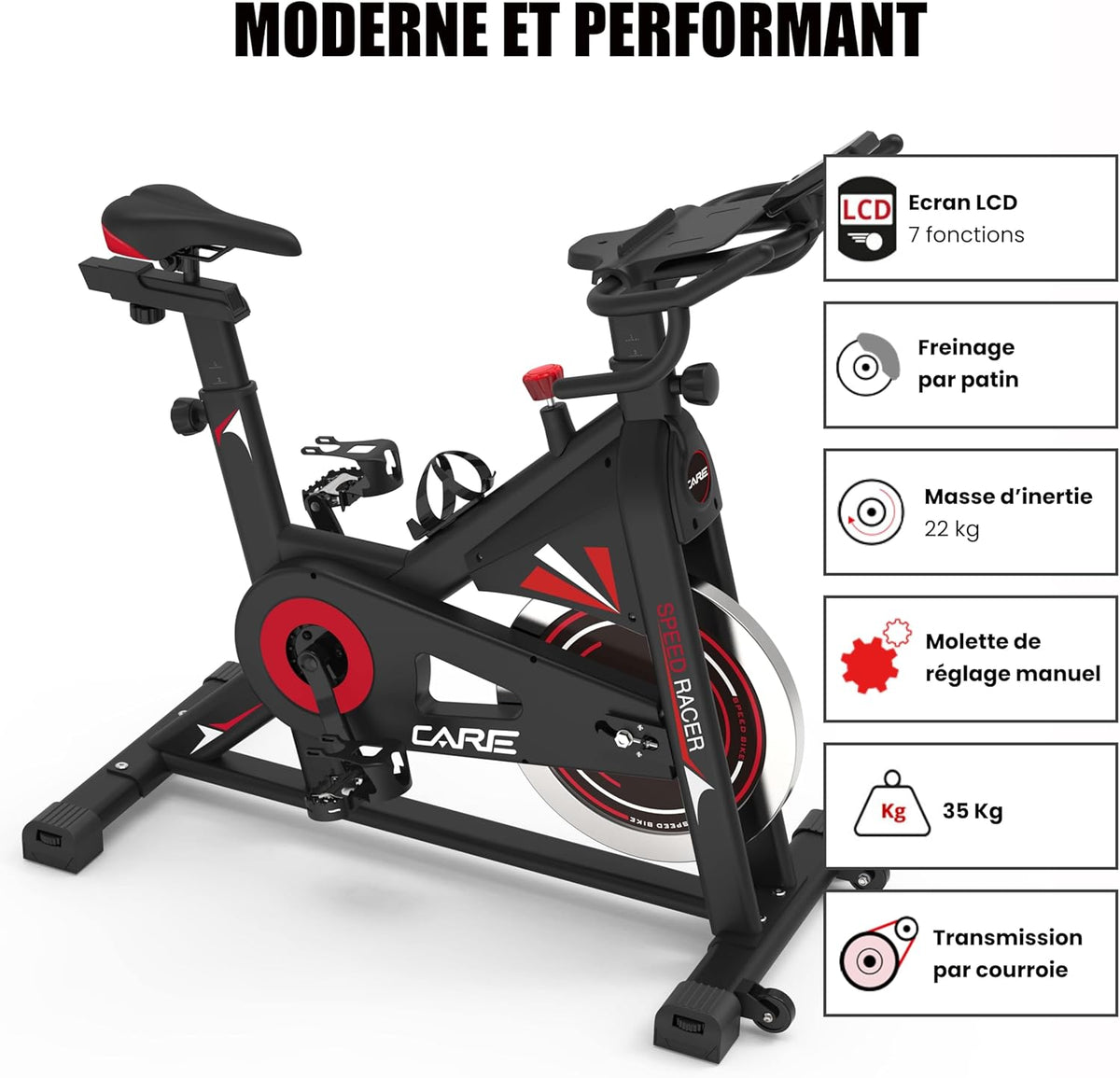 CARE FITNESS - VéLO DE BIKING - Speed racer - velo d'appartement avec écran LCD-Masse d'inertie 22kg-Guidon et selle réglable