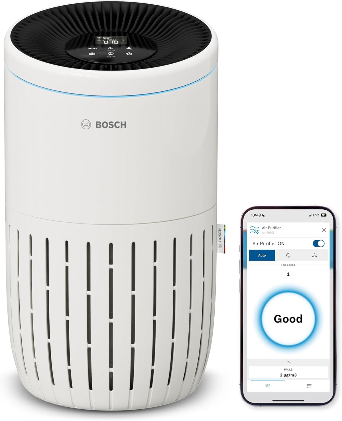 Bosch Air 4000i - Purificateur d'air intelligent - Couvre 62,5 m2 - Filtre efficacement plus de 99% des polluants - Mode Auto/Sommeil (< 25 dB(A)) - CADR : 300 m3/h - Connectivité avec écran et app