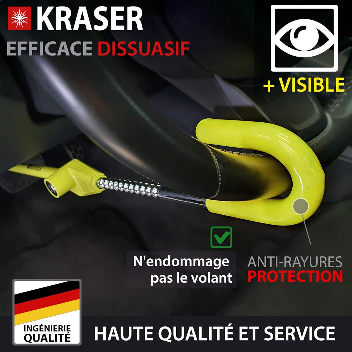 KRASER KR835 Antivol Voiture Volant Pédale, Canne Jaune Haute Visibilité, Verrouillage Sécurité en Acier, Crochet Réglable Plus Extensible, Barre Bloque Volant Universel pour Auto Camping Car Fourgon