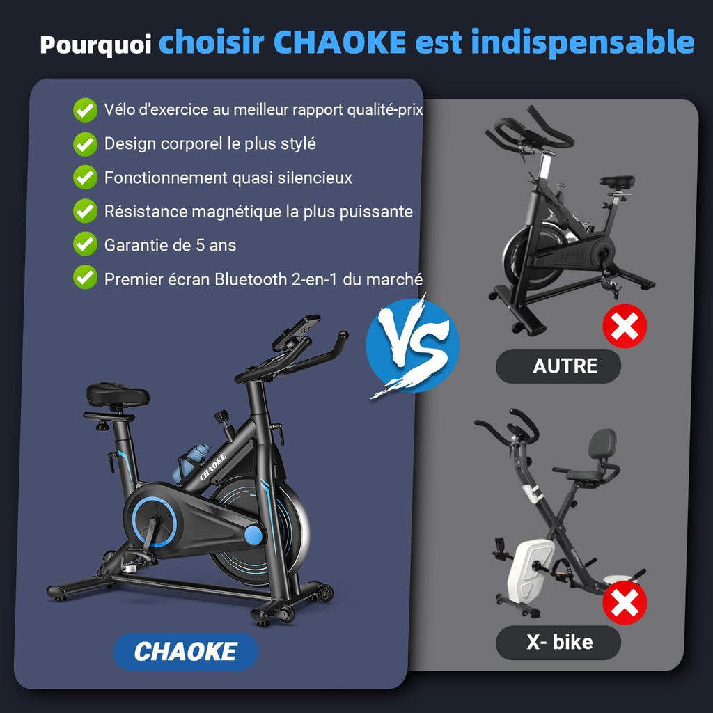 CHAOKE Velo d Appartement Silencieux avec Résistance Magnétique Réglable, Vélo d'appartement avec APP, Vélo d'exercice Moniteur LCD, Siège Confortable, Pour Entra?nement Cardio, Capacité 160KG