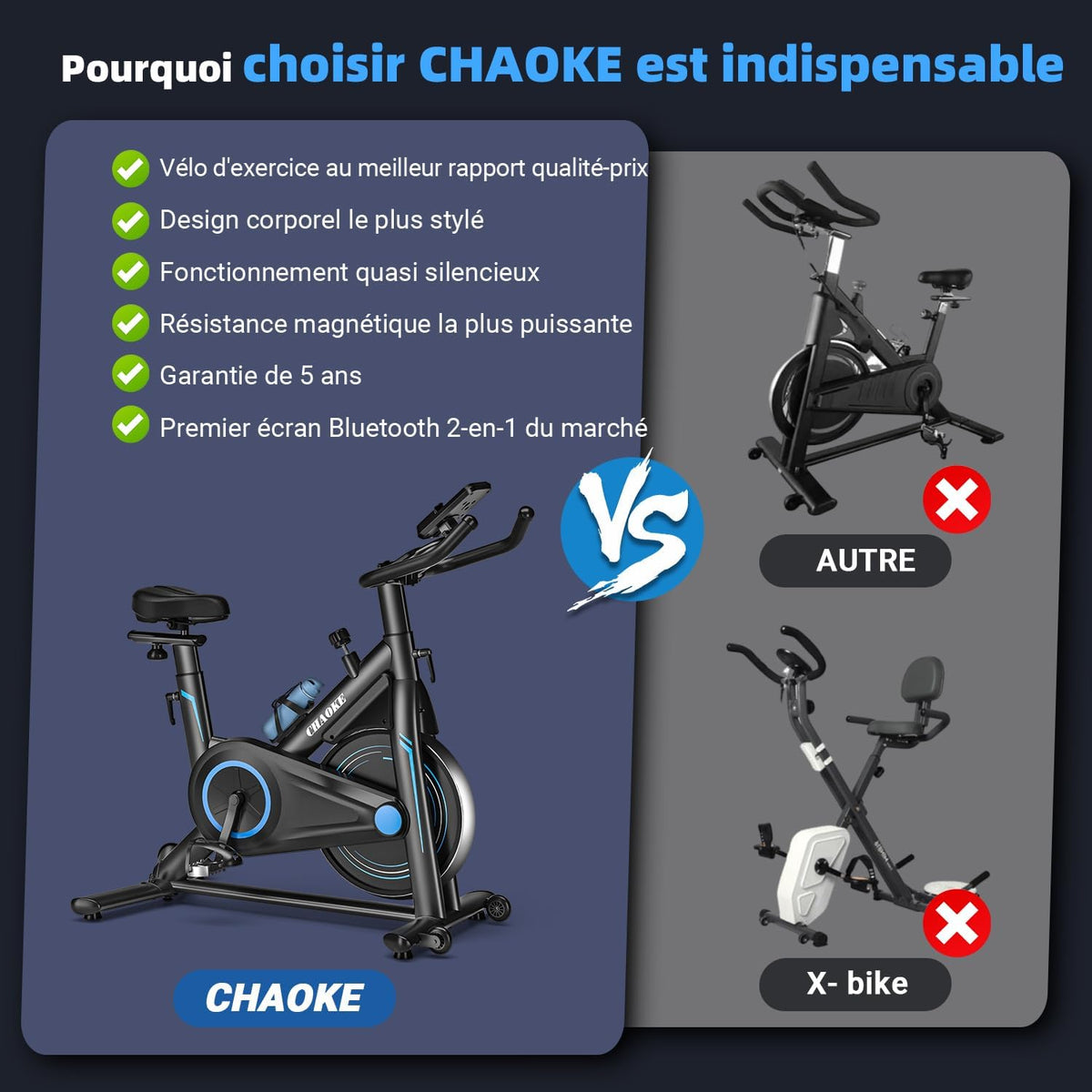 CHAOKE Velo d Appartement Silencieux avec Résistance Magnétique Réglable, Vélo d'appartement avec APP, Vélo d'exercice Moniteur LCD, Siège Confortable, Pour Entra?nement Cardio, Capacité 160KG