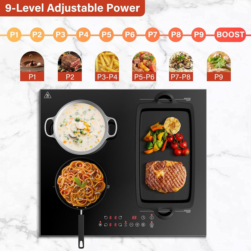 KICHPOWER Plaque Induction 4 Feux, 1 Zone Flexible, Plaque Induction 60cm Encastrable, Plaque de Cuisson électrique, Boost Fonction, Commande Tactile, 6000W, 9 Niveaux de puissance, Minuterie 1-99 Min