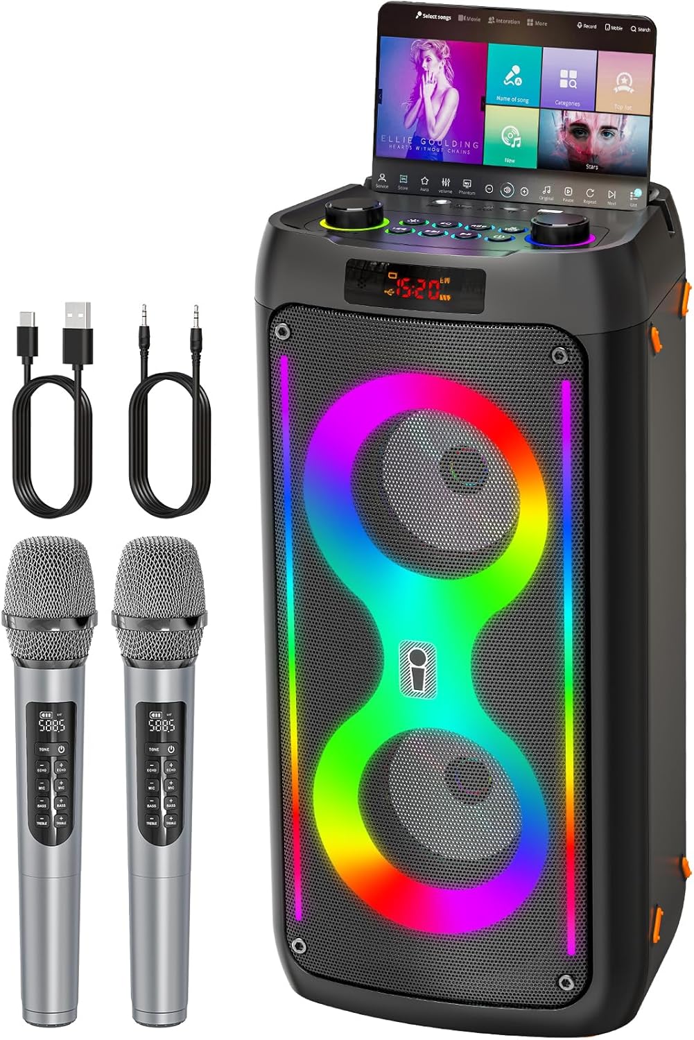 Machine à karaoké pour adultes, haut-parleur Bluetooth portable avec 2 microphones sans fil, système de sonorisation avec lumières disco pour grandes fêtes, extérieur, prend en charge USB/TF/REC/FM