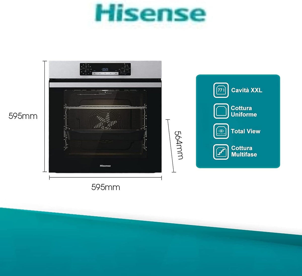 Hisense BI62216AX Four multifonction ventilé, cavité XXL 77L, nettoyage eau Clean, 13 fonctions de cuisson, fonction pizza 300 °C, cuisson AirFry, écran LED, commande tactile, préchauffage rapide