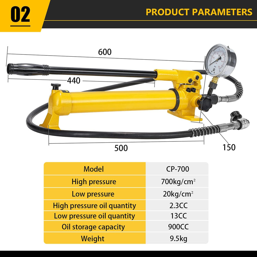 CGOLDENWALL CP-700 Pompe Hydraulique Manuelle  avec Tuyau de 1 8m  Haute Pression 700kg/cm2  Contenu en Huile 900cc  pour Utilisation avec Variété d'Outils Hydrauliques