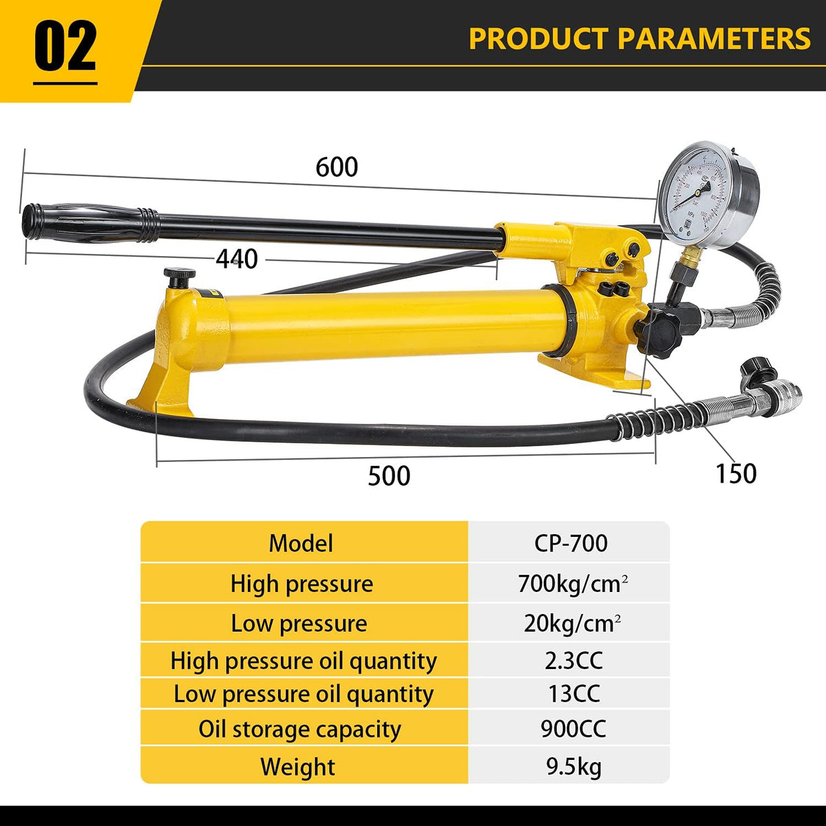 CGOLDENWALL CP-700 Pompe Hydraulique Manuelle  avec Tuyau de 1 8m  Haute Pression 700kg/cm2  Contenu en Huile 900cc  pour Utilisation avec Variété d'Outils Hydrauliques
