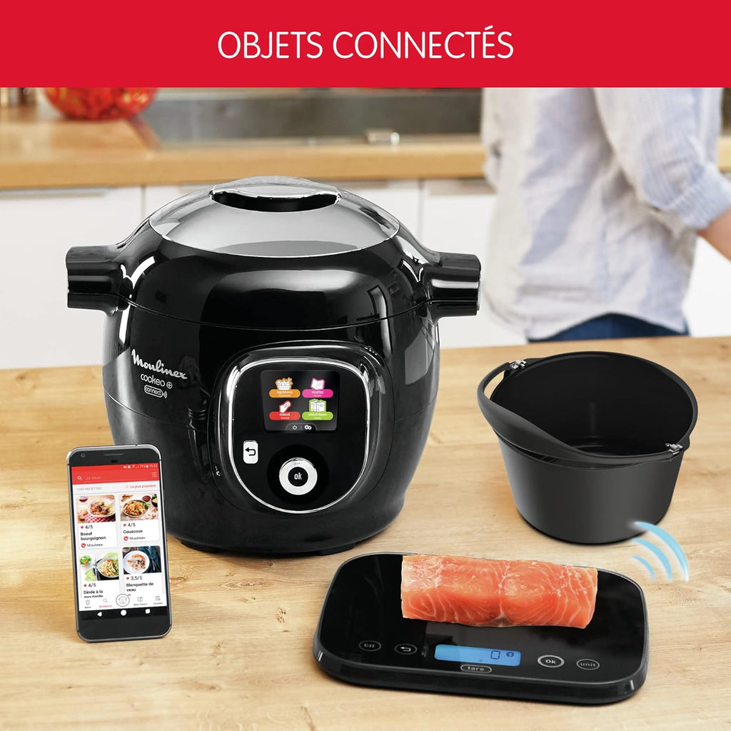Moulinex Connect Multicuiseur Intelligent Haute Pression Balance et Moule Inclus 6L 200 Recettes 6 Modes de Cuisson Guide Pas à Pas Application Mon Cookeo CE859800, 6 liters, Noir