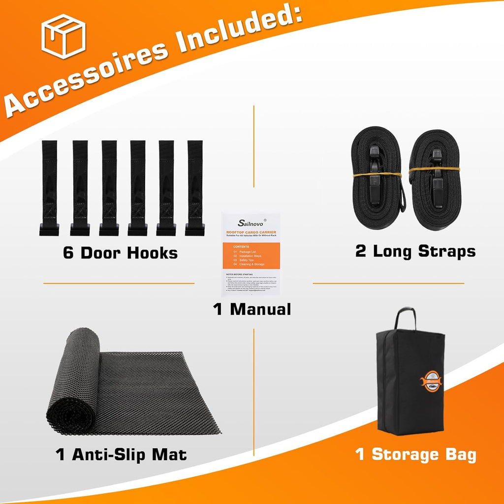 Sailnovo Sac de toit pliable 595 l, matériau étanche 1000D, tapis antidérapant, 8 sangles renforcées, 6 crochets de porte, pour le transport des bagages sur tous les véhicules avec/sans barres de toit