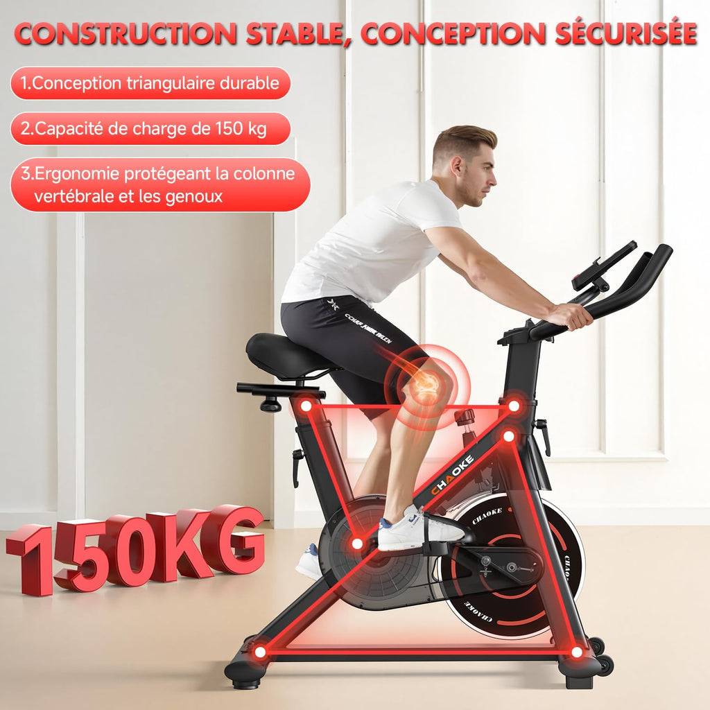 Velo d Appartement, CHAOKE Vélo d'appartement Silencieux avec Résistance Magnétique Réglable, Vélo d'exercice d'intérieur avec App et écran LCD, Pour Entra?nement Cardio, Capacité 150KG