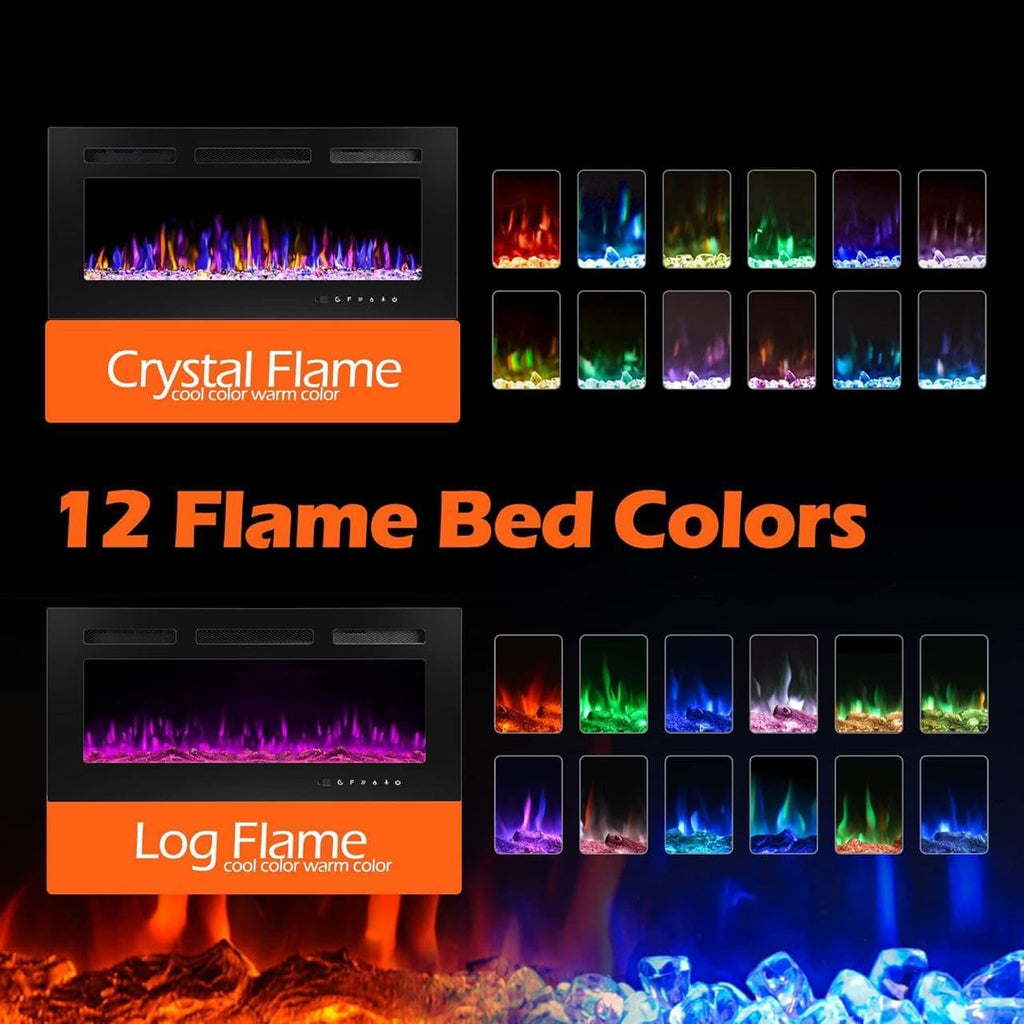 Mystflame Crystal 50 - Cheminée électrique Murale avec Wi-FI, 127 cm, Ultra Fine 8 cm, 12 Couleurs de Flamme, Thermostat 750/1500W, Poêle Confortable, écran Tactile et Minuterie