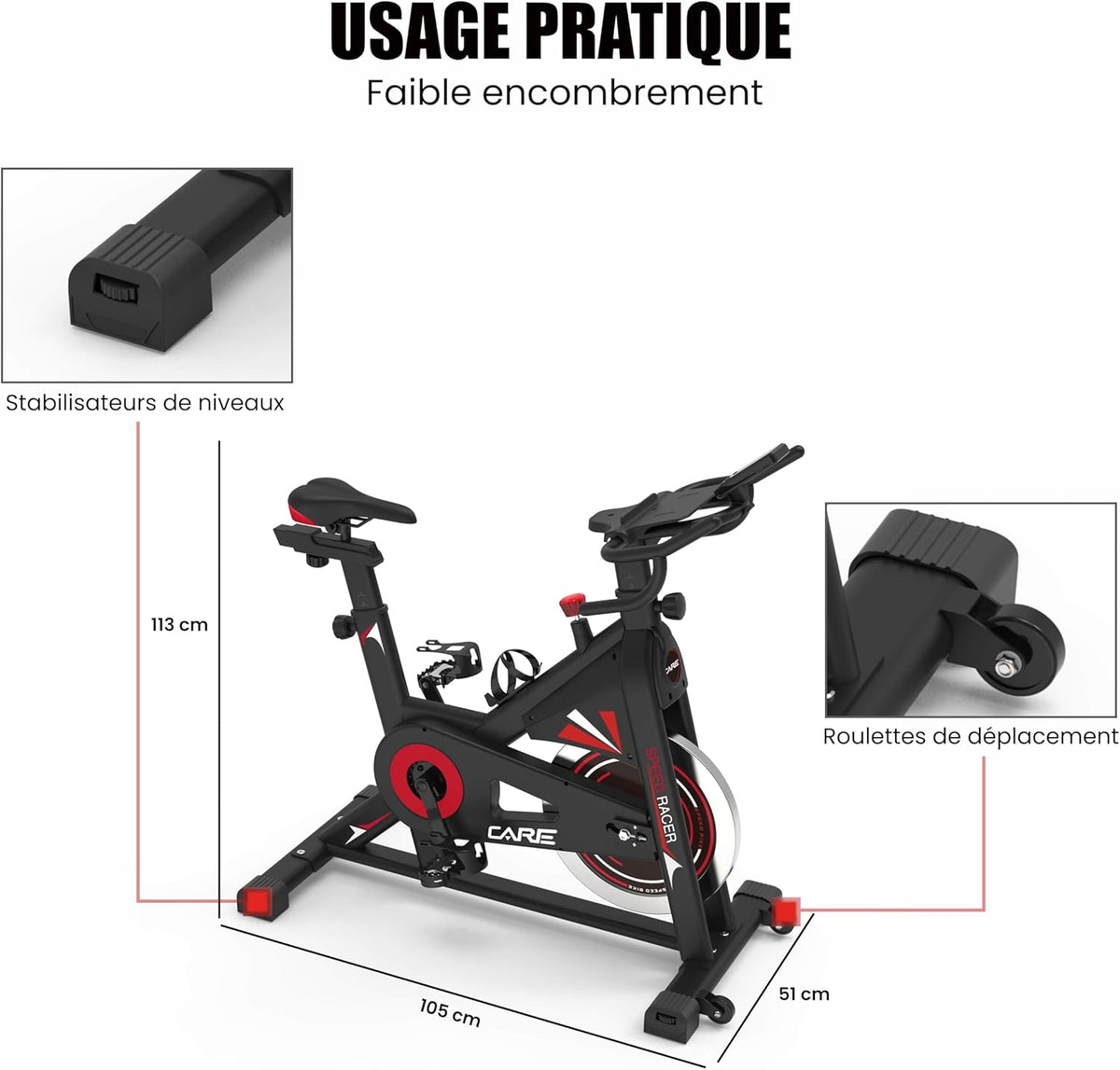 CARE FITNESS - VéLO DE BIKING - Speed racer - velo d'appartement avec écran LCD-Masse d'inertie 22kg-Guidon et selle réglable