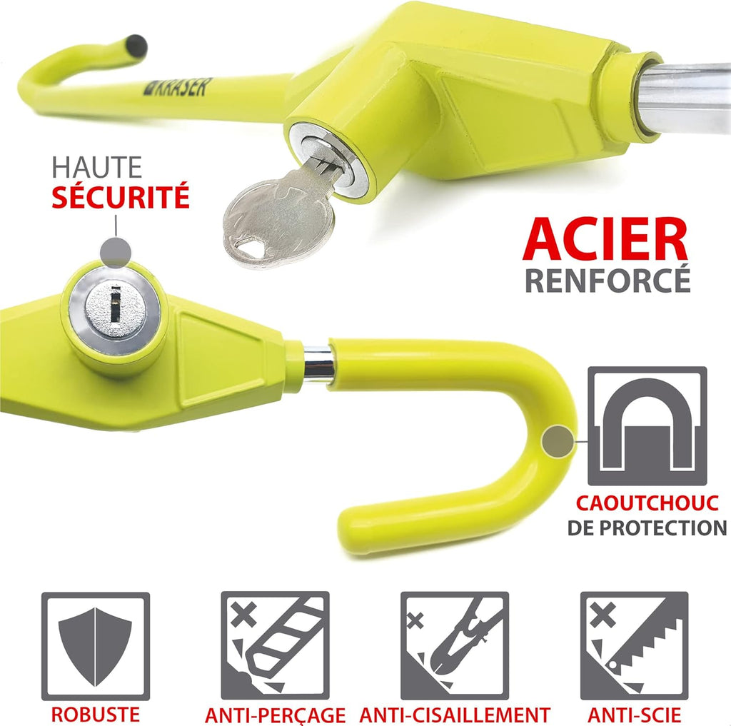 KRASER KR835 Antivol Voiture Volant Pédale, Canne Jaune Haute Visibilité, Verrouillage Sécurité en Acier, Crochet Réglable Plus Extensible, Barre Bloque Volant Universel pour Auto Camping Car Fourgon