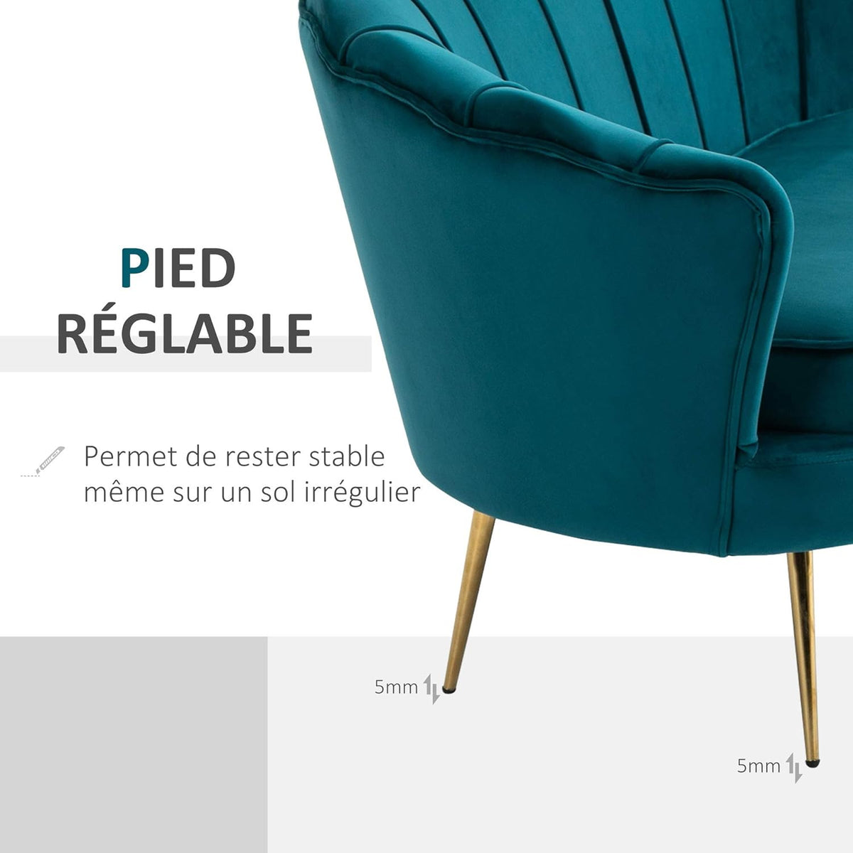 HOMCOM Canapé 2 Places en Tissu Velours, Petit canapé, en Forme de Coquillage, avec Coussin épais de 10 cm, canapé, Structure en métal, Pieds dorés effilés, Facile à Assembler, Bleu Canard