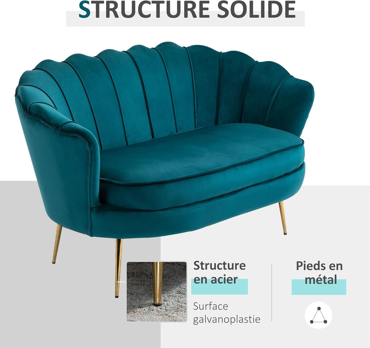 HOMCOM Canapé 2 Places en Tissu Velours, Petit canapé, en Forme de Coquillage, avec Coussin épais de 10 cm, canapé, Structure en métal, Pieds dorés effilés, Facile à Assembler, Bleu Canard
