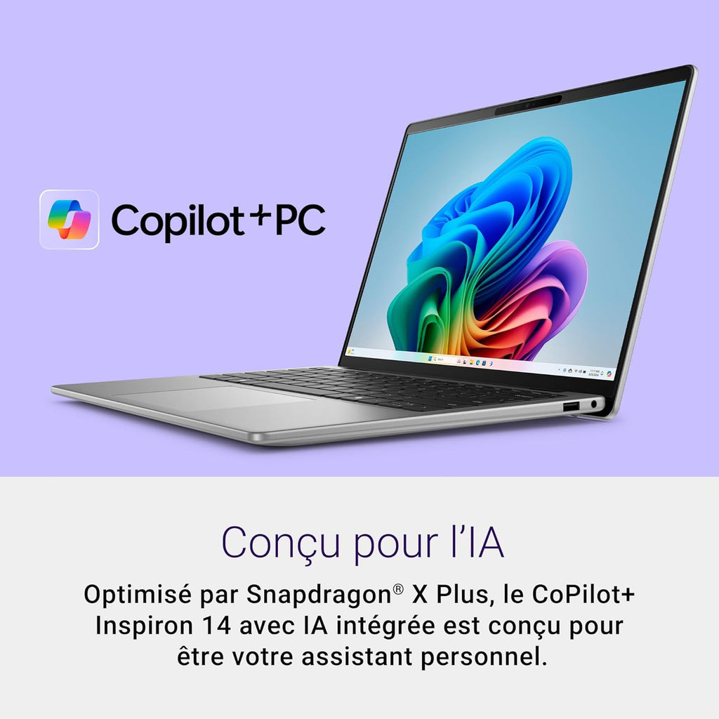 Dell Inspiron 14 (5441) Copilot+ PC Portable 14" écran FHD+ 60 Hz  Snapdragon X Plus  16 Go RAM  512 Go SSD  Qualcomm Adreno  Windows 11 Home  Clavier rétroéclairé AZERTY - Gris Titane