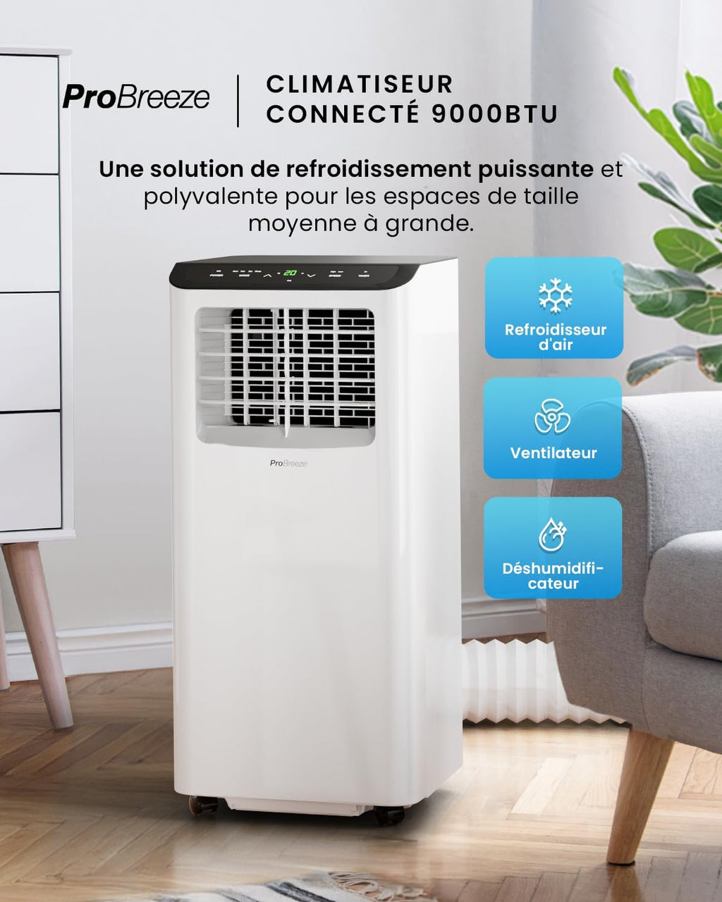 Pro Breeze Climatiseur Mobile 4-en-1 9000 BTU - Clim Puissante compatible WiFi avec Application- Minuterie 24 heures, Télécommande et Kit Fenêtre inclus pour Chambre, Salon 22m2 [Classe énergétique A]