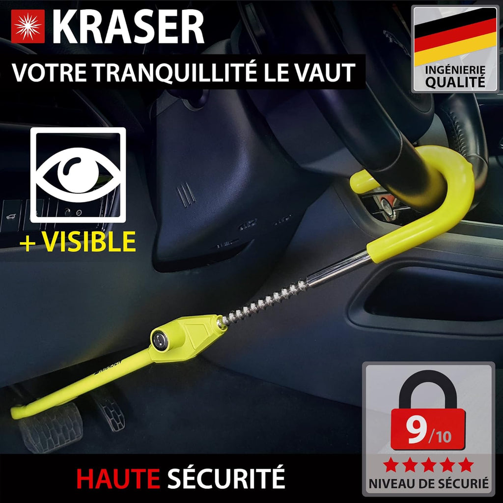 KRASER KR835 Antivol Voiture Volant Pédale, Canne Jaune Haute Visibilité, Verrouillage Sécurité en Acier, Crochet Réglable Plus Extensible, Barre Bloque Volant Universel pour Auto Camping Car Fourgon
