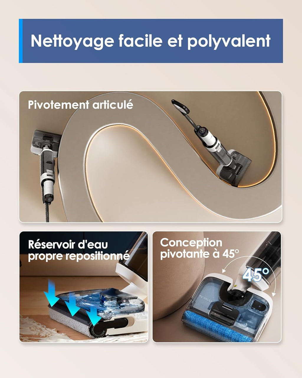 Tineco Aspirateur Balai sans Fil Floor One S6 Stretch Lite Aspirateur Laveur, S’aplatit à 180°, Auto-Nettoyage, Longue Autonomie, Nettoyage des Bords de 2 c?tés