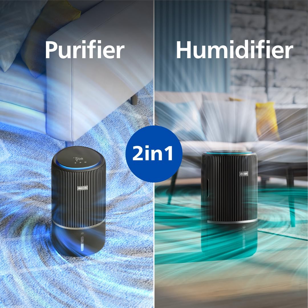 Philips Série 3400 Purificateur d'Air et Humidificateur 2 en 1, Filtre HEPA NanoProtect + Filtre à Charbon Actif, Humidification Hygiénique, CADR 300 m3/h, Taux d'Humidification 650 ml/h (AC3421/13)