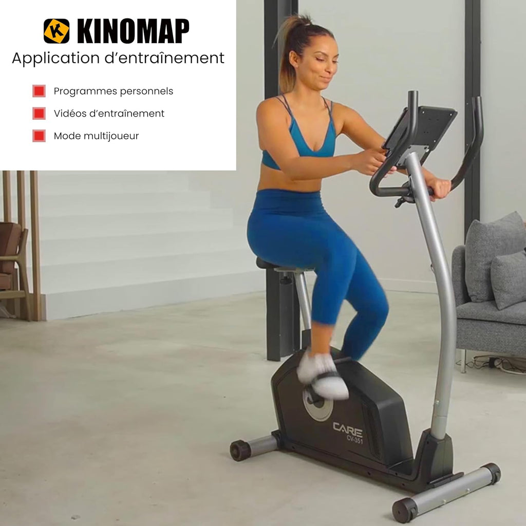 CARE FITNESS - Vélo d’Appartement Motorisé CV-351 – Masse d'Inertie 10kg - Résistance Magnétique à 16 Niveaux - 7 Programmes d'Entra?nement - Selle Ajustable - Connectivité Application Kinomap