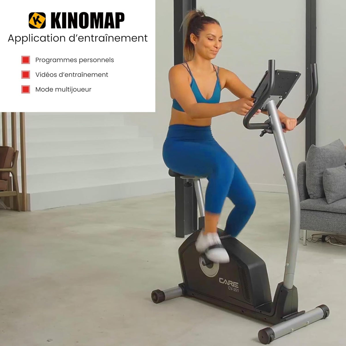 CARE FITNESS - Vélo d’Appartement Motorisé CV-351 – Masse d'Inertie 10kg - Résistance Magnétique à 16 Niveaux - 7 Programmes d'Entra?nement - Selle Ajustable - Connectivité Application Kinomap