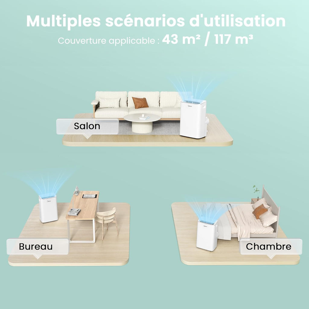 MIDEA Climatiseur Mobile Silencieux 12000 BTU avec évacuation - Climatisation Portable Prêt à Poser 3500W - Clim Réversible Split Mobile - 4 modes avec Kit de Fenêtre et App Control