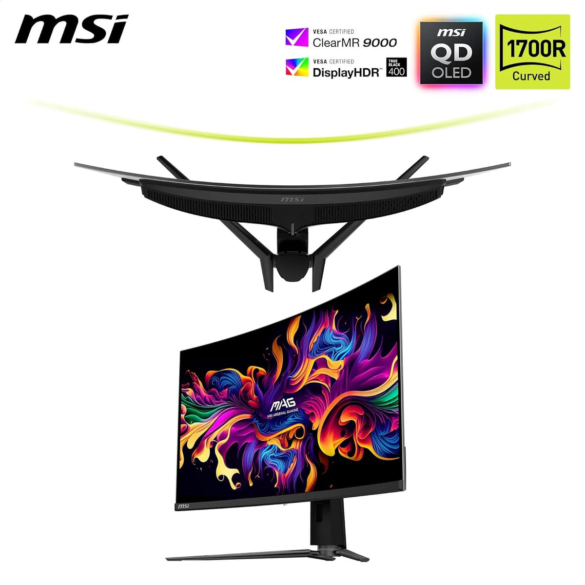MSI MAG 321CUP QD-OLED zijkant van het scherm met standaard
