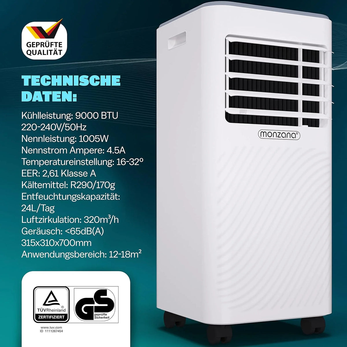 Monzana® lokale Klimaanlage MZKA2000 Mobil Abluftschlauch 7000BTU 3in1 750W 24h  – Detailansicht 7