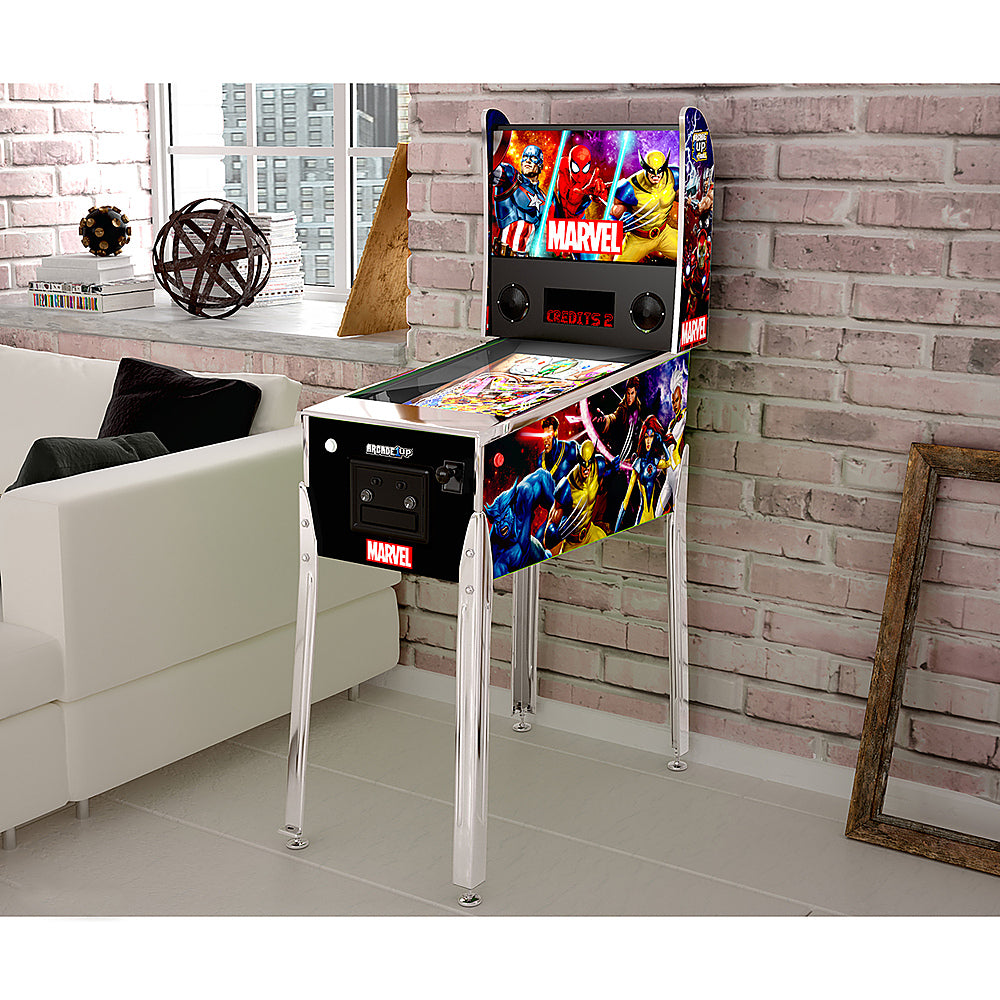 Arcade1Up Marvel flipperkast verlichte tent close-up