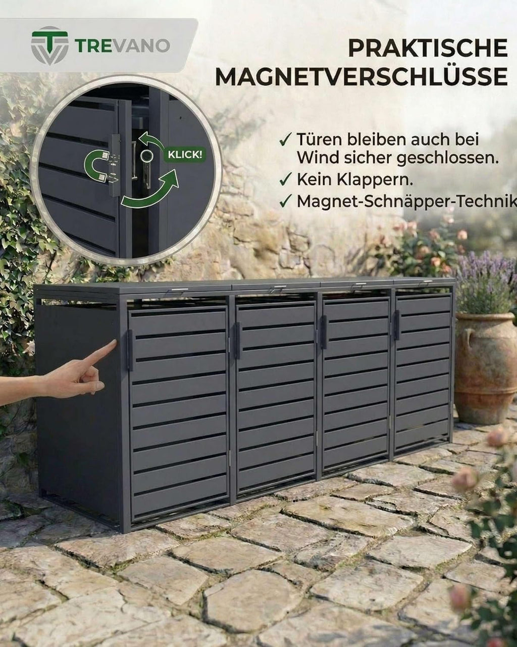 Produktbild: TREVANO Mülltonnenbox 3er 240l - Mülltonnenverkleidung 3 Ton – Detailansicht Bedienelemente